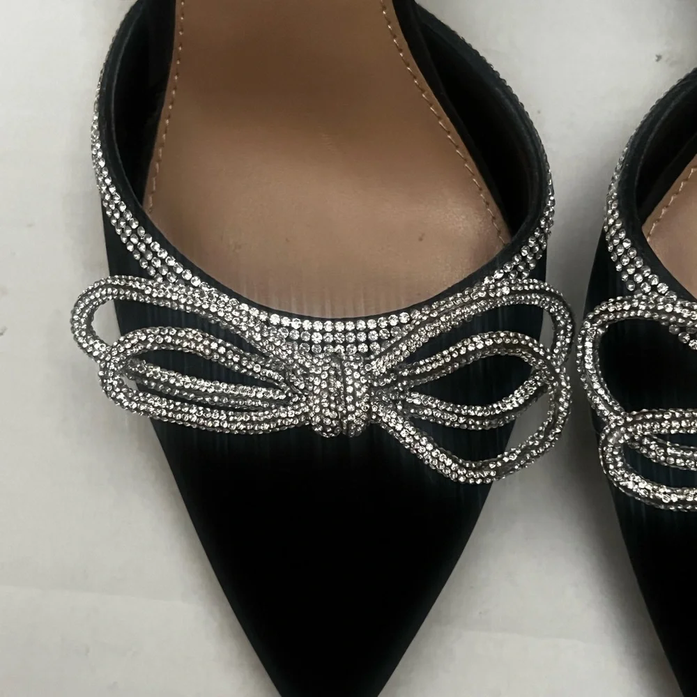 BCBGeneration Black Satin Heels Rhinestone Bows Pointed Toe Shoes Womens Sz 9.5